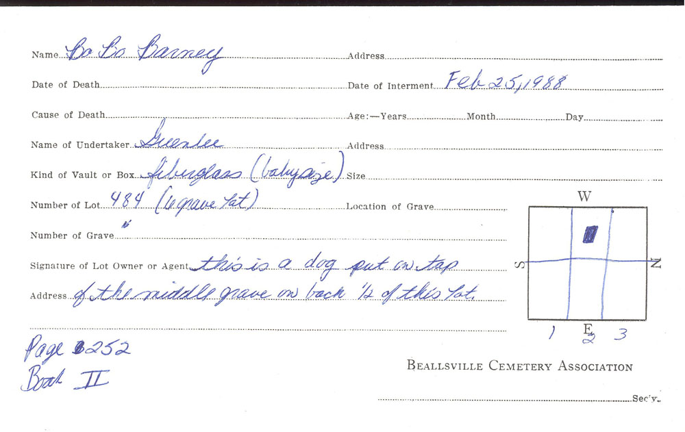Bo Bo Barney burial card